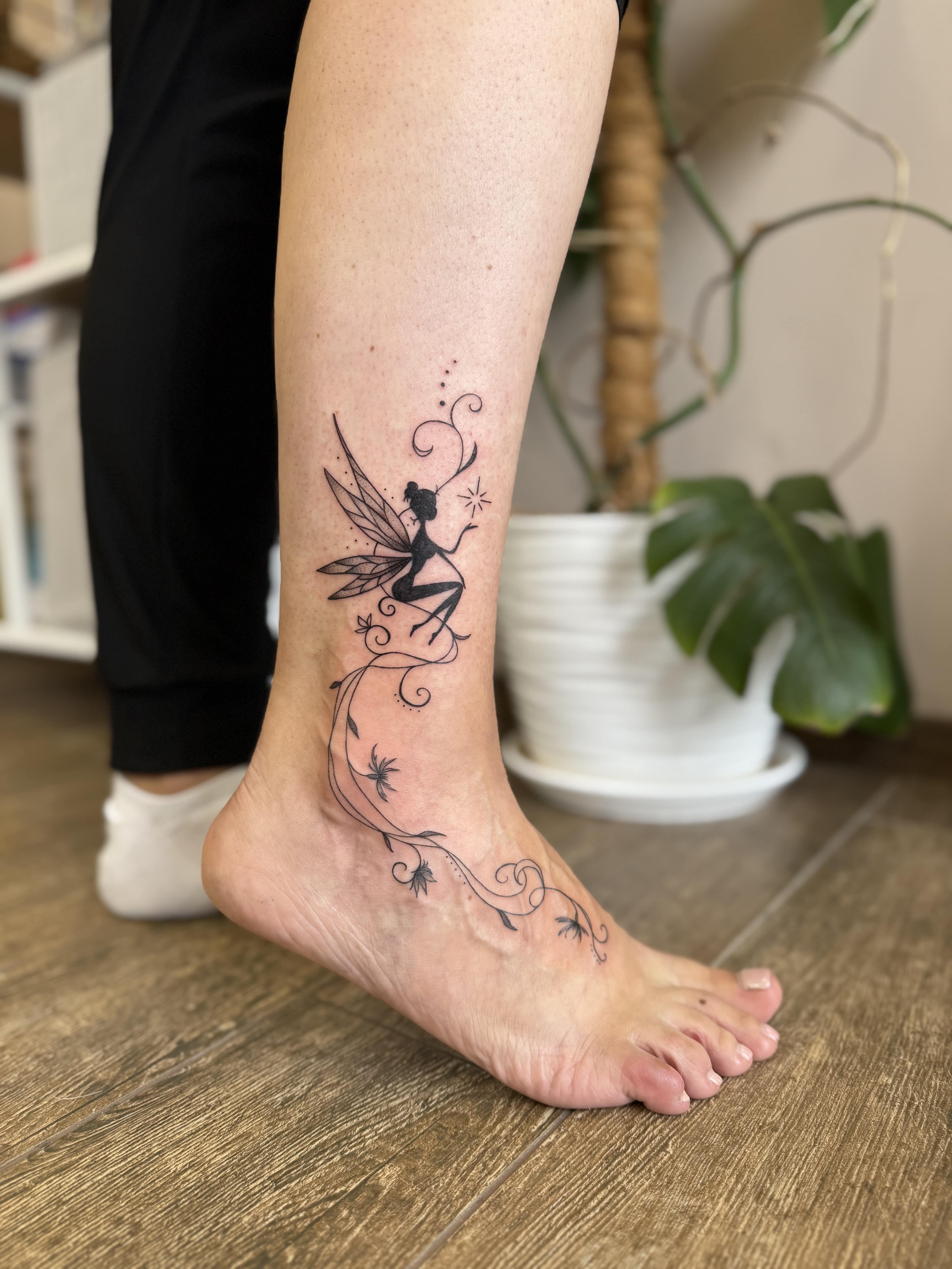 Тату фея, жіноче, стопа і гомілка / Fairy tattoo, female, foot and leg